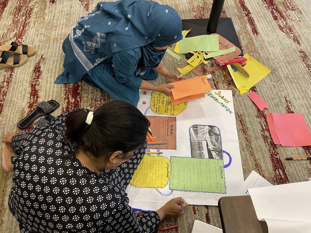 Participants sit on the floor working on their poster and photos